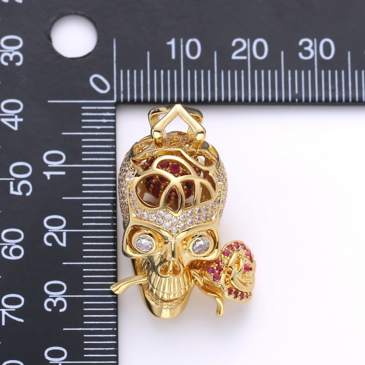 Gold Skull Rose pendant Micro Pave Pendant Clear Cubic Zirconia skull for Statement necklace Day of the Dead Jewelry I-730 - DLUXCA