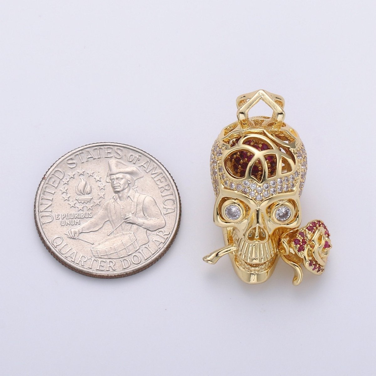 Gold Skull Rose pendant Micro Pave Pendant Clear Cubic Zirconia skull for Statement necklace Day of the Dead Jewelry I-730 - DLUXCA