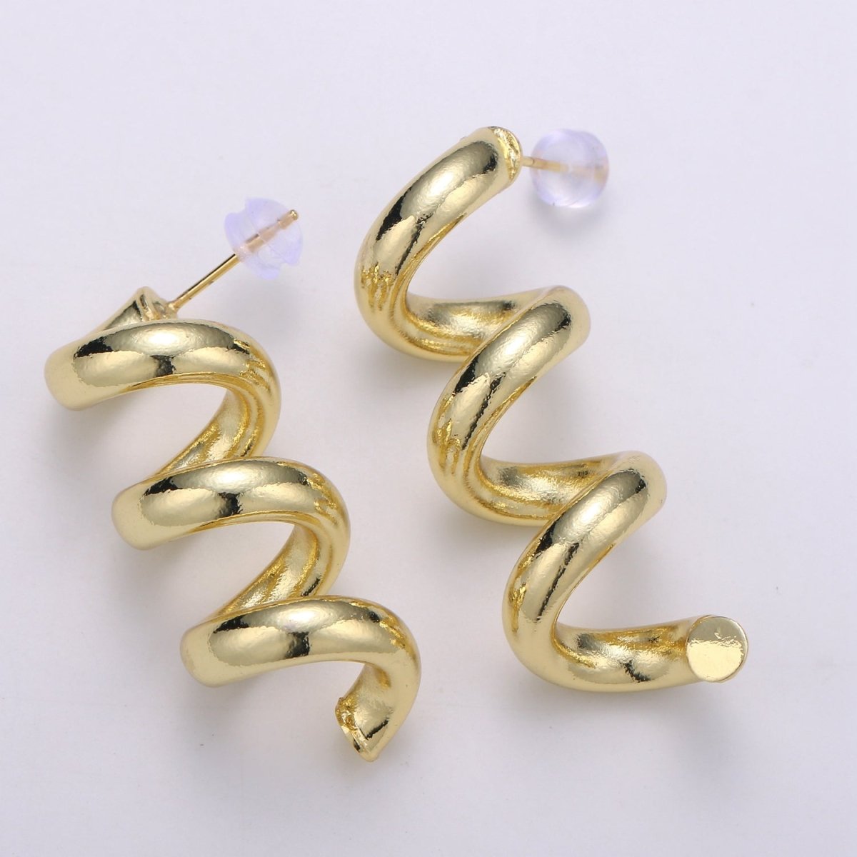 Gold Spiral Earrings, Gold Stud Earrings, Gold Corkscrew Earrings, Gold Chunky Earrings Bold Statement Jewelry Q-340 - DLUXCA