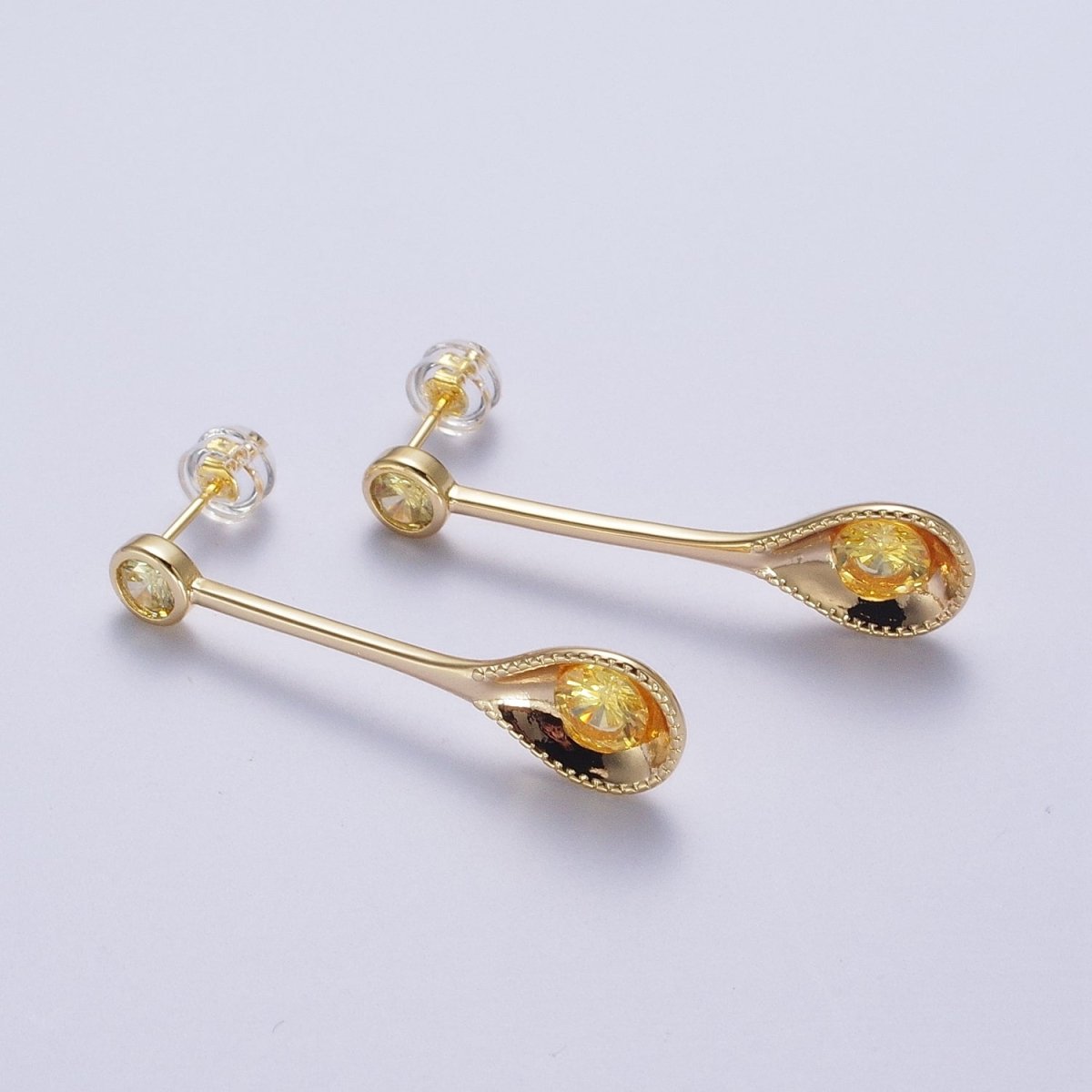 Gold Spoon Utensil Yellow Cubic Zirconia Dangle Statement Stud Earrings | Y-033 - DLUXCA
