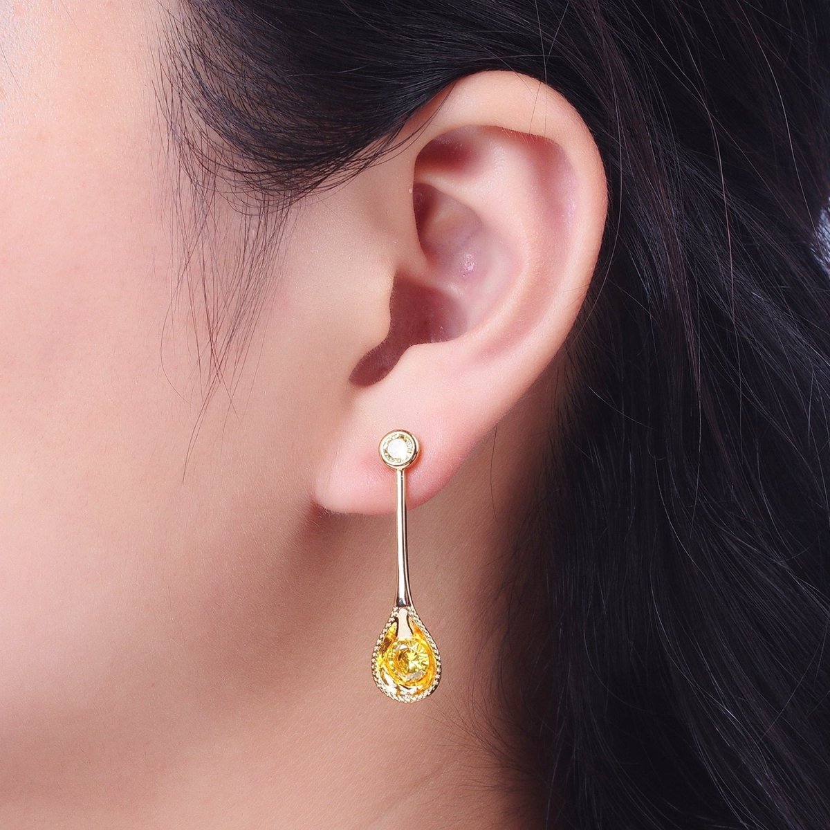 Gold Spoon Utensil Yellow Cubic Zirconia Dangle Statement Stud Earrings | Y-033 - DLUXCA