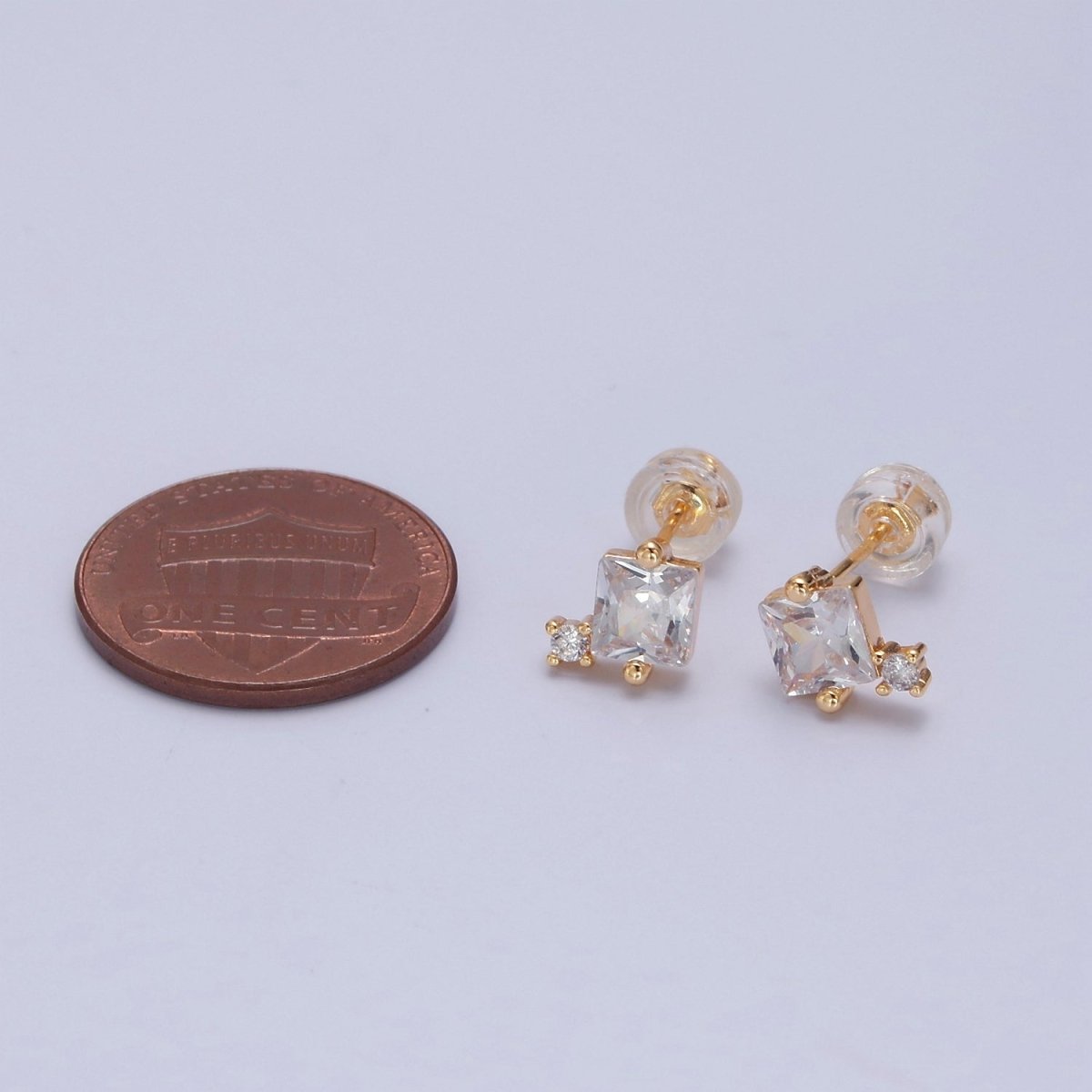 Gold Square Stud Earrings Princess Cut Cubic Zirconia Stones T-385 T-386 - DLUXCA