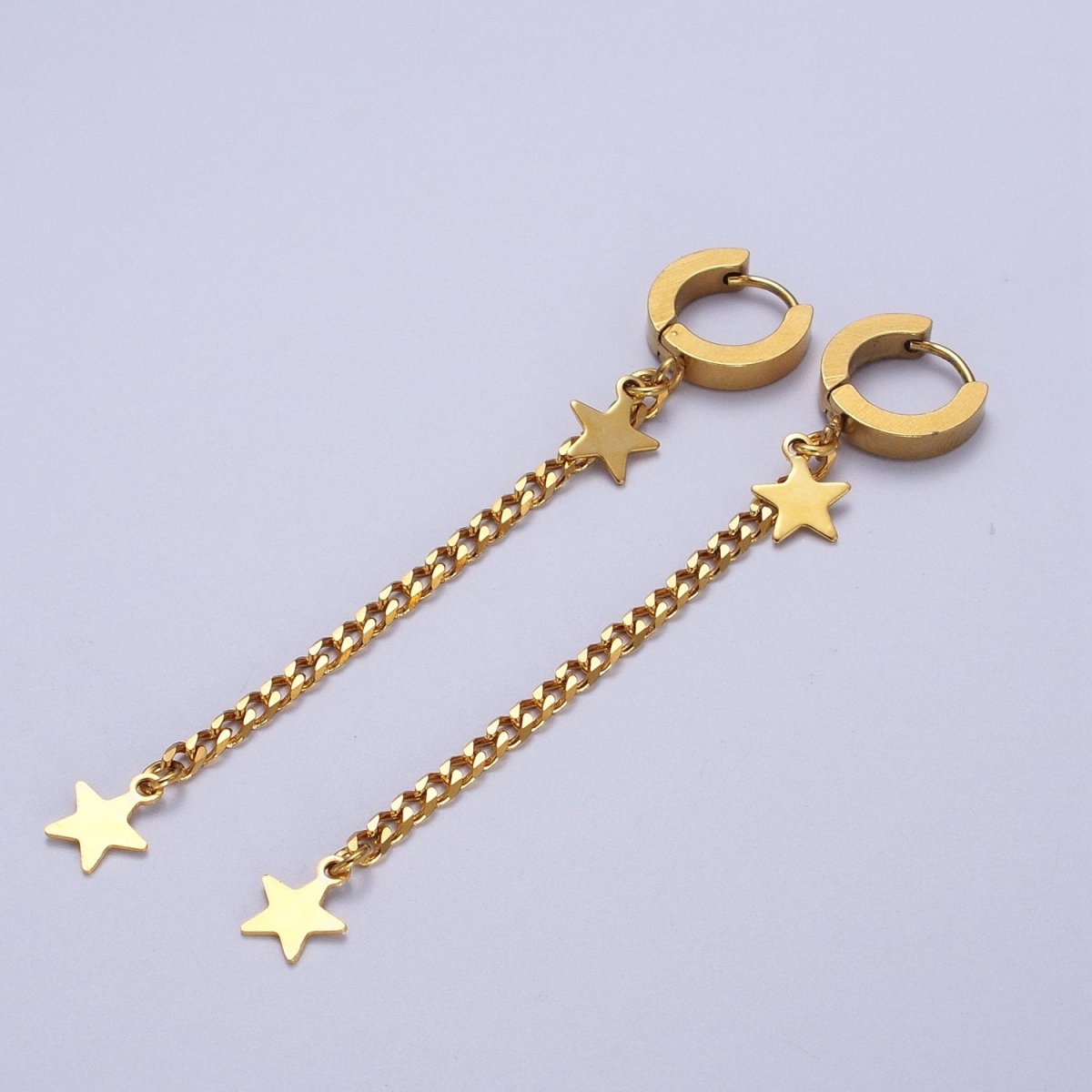 Gold Stainless Steel 13.5mm Huggie Celestial Star, 2 Inch Curb Chain Drop Dangle Earrings | Y-208 - DLUXCA