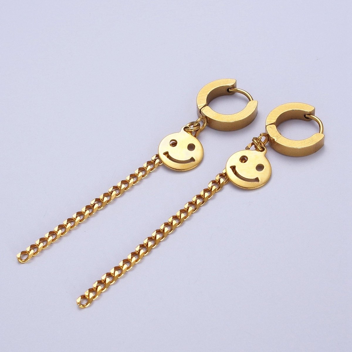 Gold Stainless Steel 13.5mm Huggie Smiley Face, 2.5 Inch Curb Chain Drop Dangle Earrings | Y-207 - DLUXCA