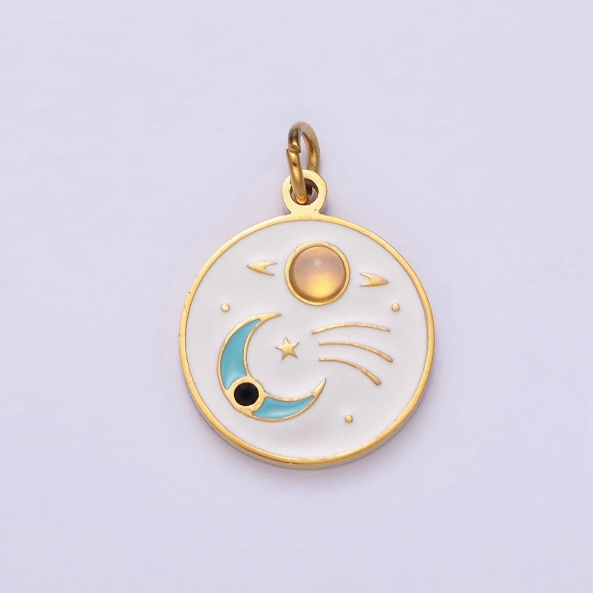 Gold Stainless Steel Coin Crescent Moon Charm Dainty Teal White Enamel Charm P-634 - DLUXCA