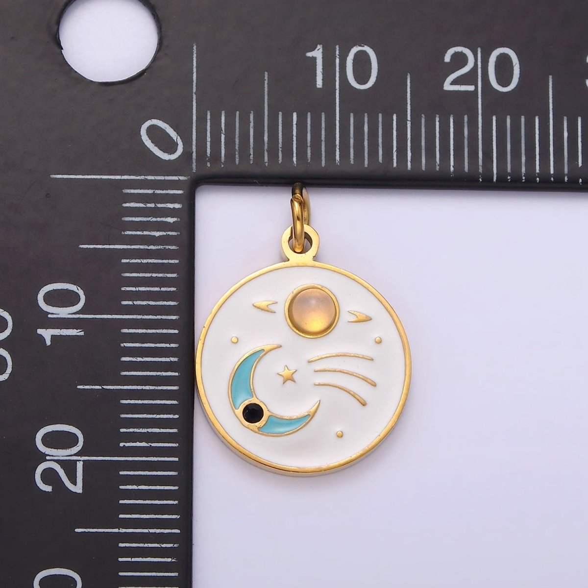 Gold Stainless Steel Coin Crescent Moon Charm Dainty Teal White Enamel Charm P-634 - DLUXCA