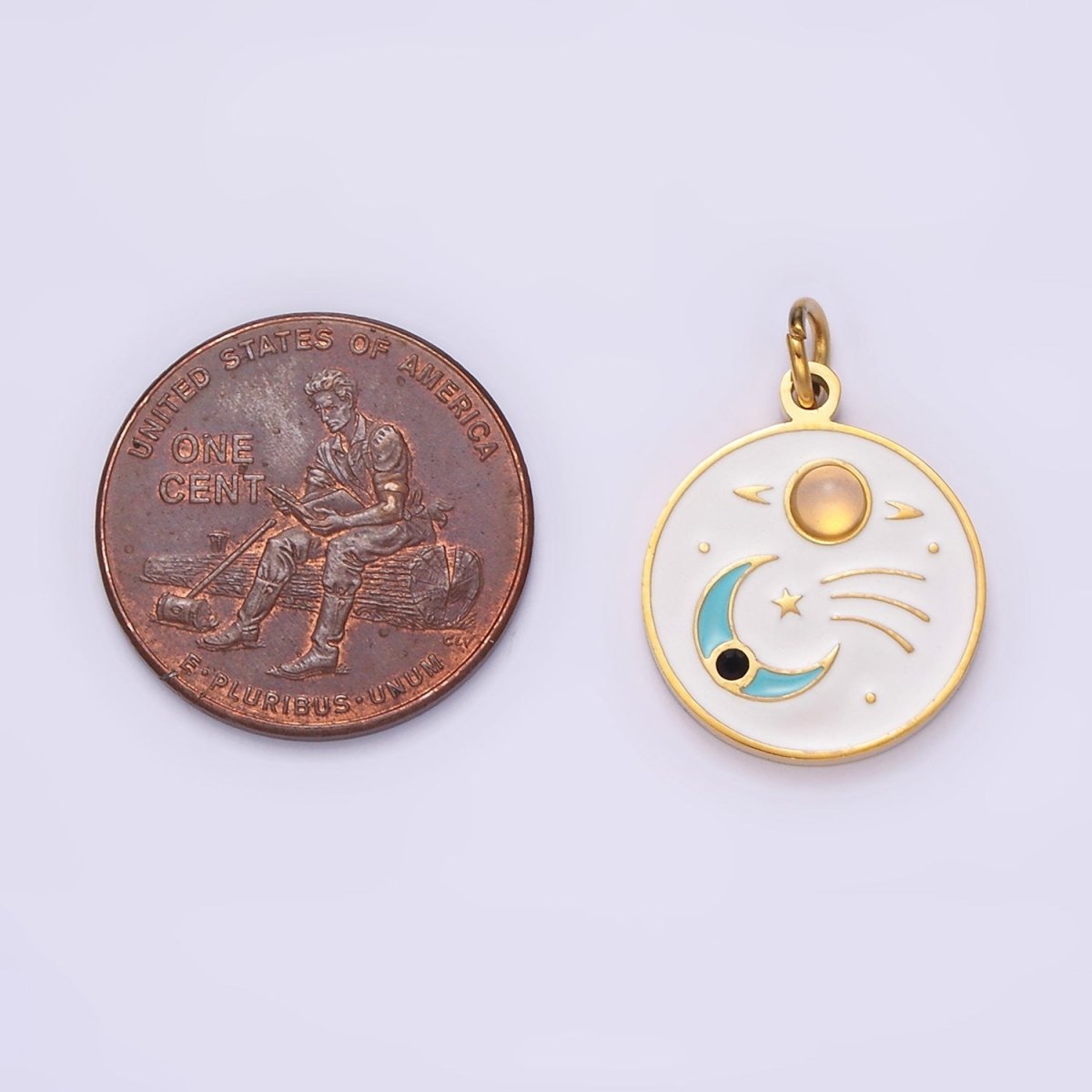 Gold Stainless Steel Coin Crescent Moon Charm Dainty Teal White Enamel Charm P-634 - DLUXCA