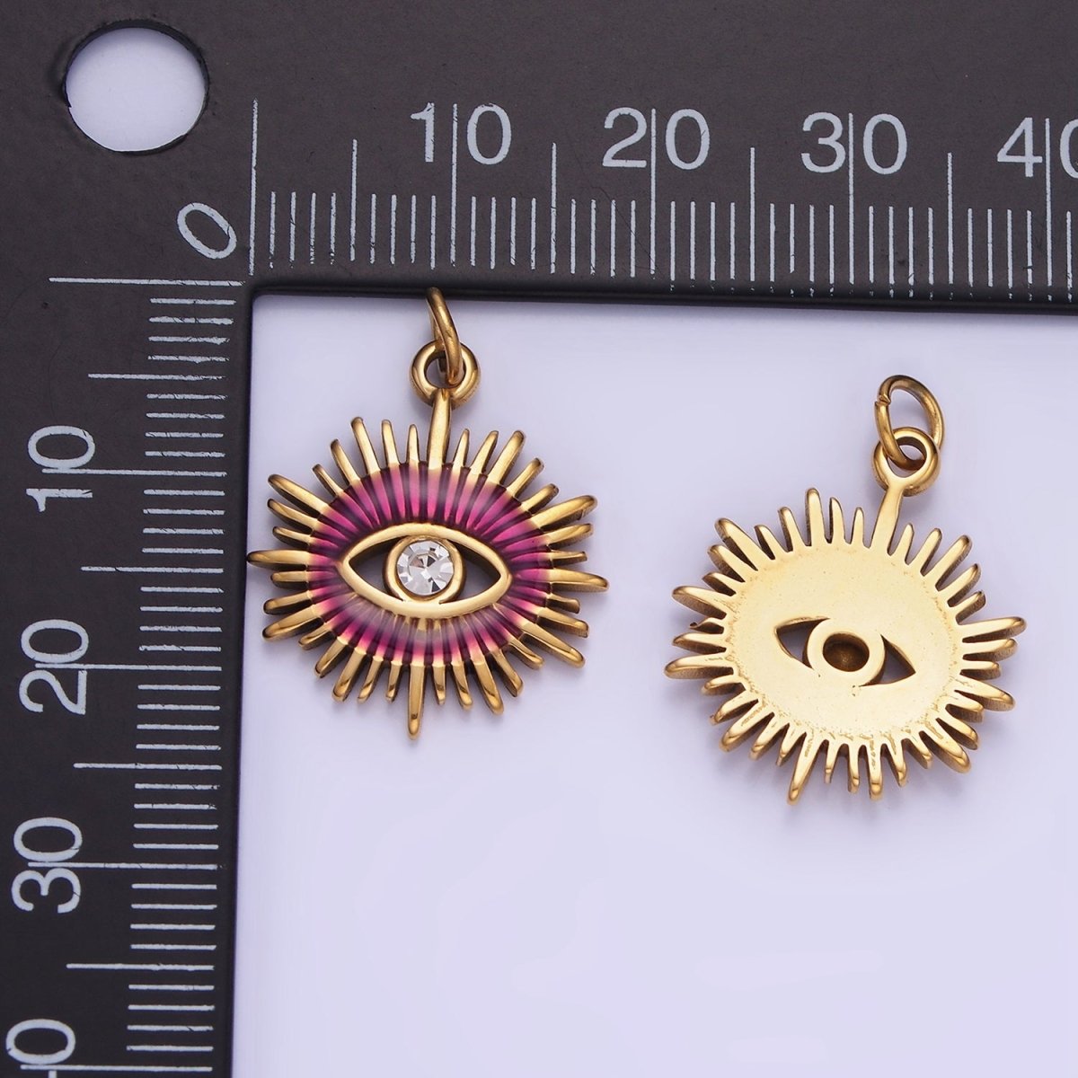 Gold Stainless Steel Evil Eye Charm Micro Pave Sun Burst Pendant P-1380 - DLUXCA