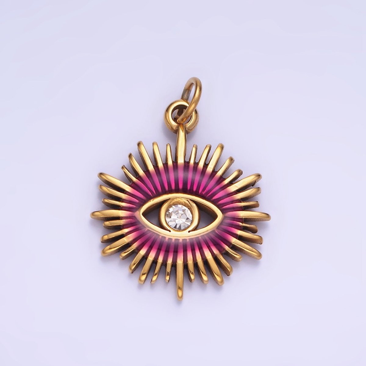 Gold Stainless Steel Evil Eye Charm Micro Pave Sun Burst Pendant P-1380 - DLUXCA