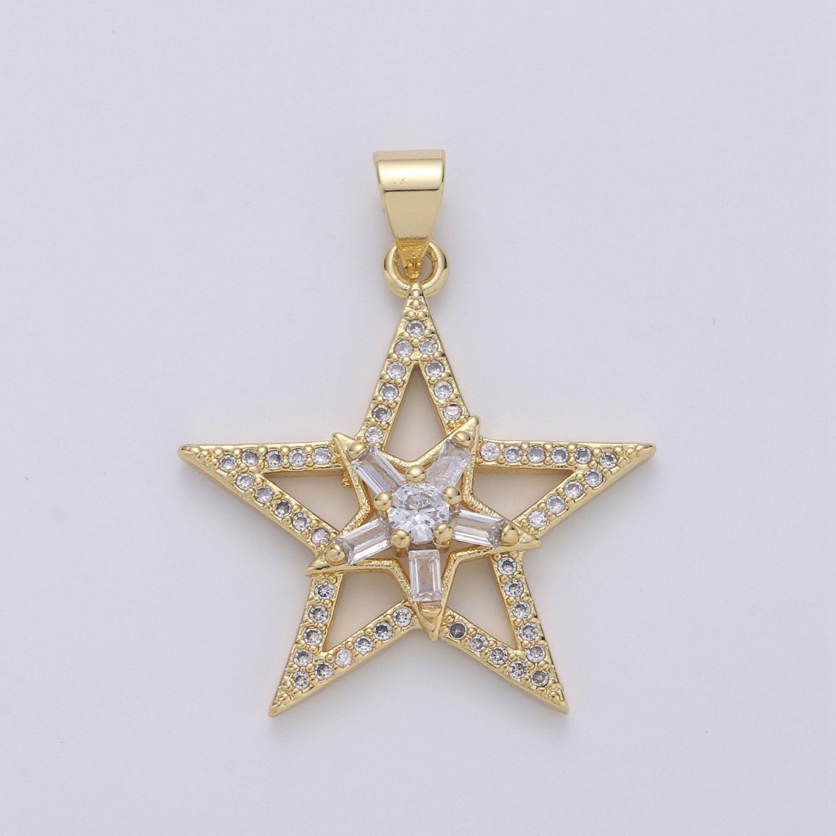 Gold Star Pendant With Baguette Stone, Five Star Charms, Women Necklaces, Star Jewelry, Celestial Jewelry for DIY Necklace 24K Gold Filled I-877 - DLUXCA