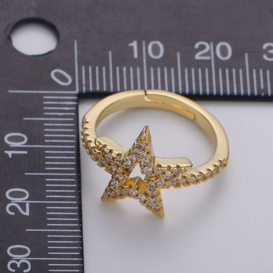 Gold Star Ring, Dainty Star Ring, Adjustable Ring, Minimalist Star Ring, Micro Pave Stackable Ring, Celestial Jewelry Gift Idea Christmas - DLUXCA