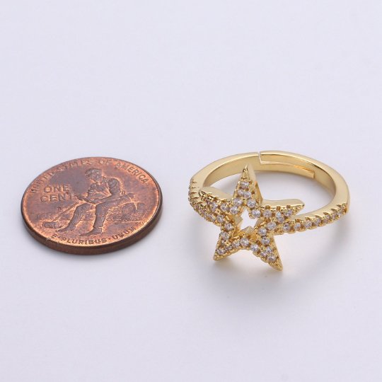 Gold Star Ring, Dainty Star Ring, Adjustable Ring, Minimalist Star Ring, Micro Pave Stackable Ring, Celestial Jewelry Gift Idea Christmas - DLUXCA