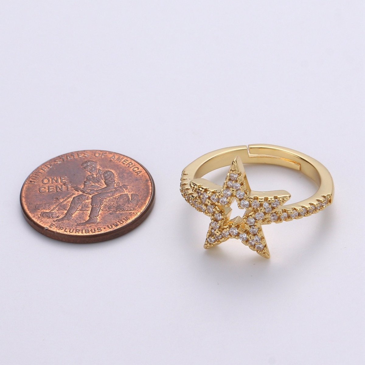 Gold Star Ring, Dainty Star Ring, Adjustable Ring, Minimalist Star Ring, Micro Pave Stackable Ring, Celestial Jewelry Gift Idea Christmas R-064 - DLUXCA