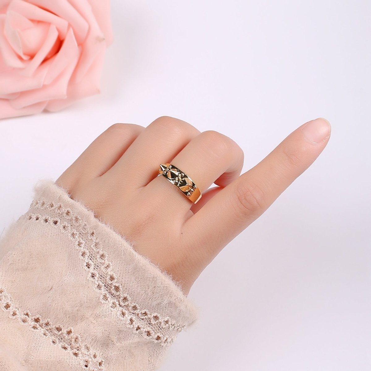 Gold Studed Ring, Minimalist Ring, Gold Ring, Dainty Ring, Ring, Stackable Ring, Midi Ring, Gold Stacking Ring, Gold Spike Adjustable Ring R438 - DLUXCA