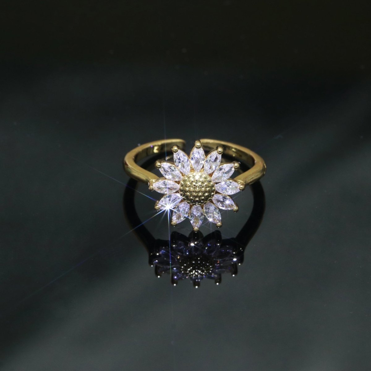 Gold Sun Flower Ring 14k Gold Filed Dainty Ring Cz Open Adjustable Minimalist Ring Stackable Jewelry O-361 - DLUXCA