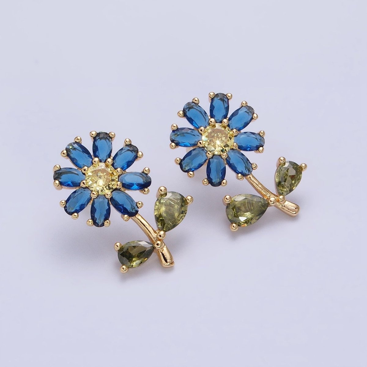 Gold Sun Flower Stud Earring with Colorful Cubic Zirconia Stone in Silver, Gold Earring AB702 - AB713 - DLUXCA