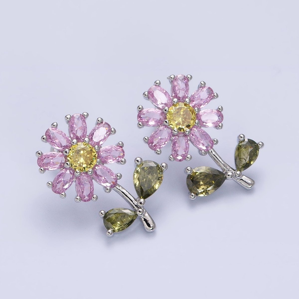 Gold Sun Flower Stud Earring with Colorful Cubic Zirconia Stone in Silver, Gold Earring AB702 - AB713 - DLUXCA