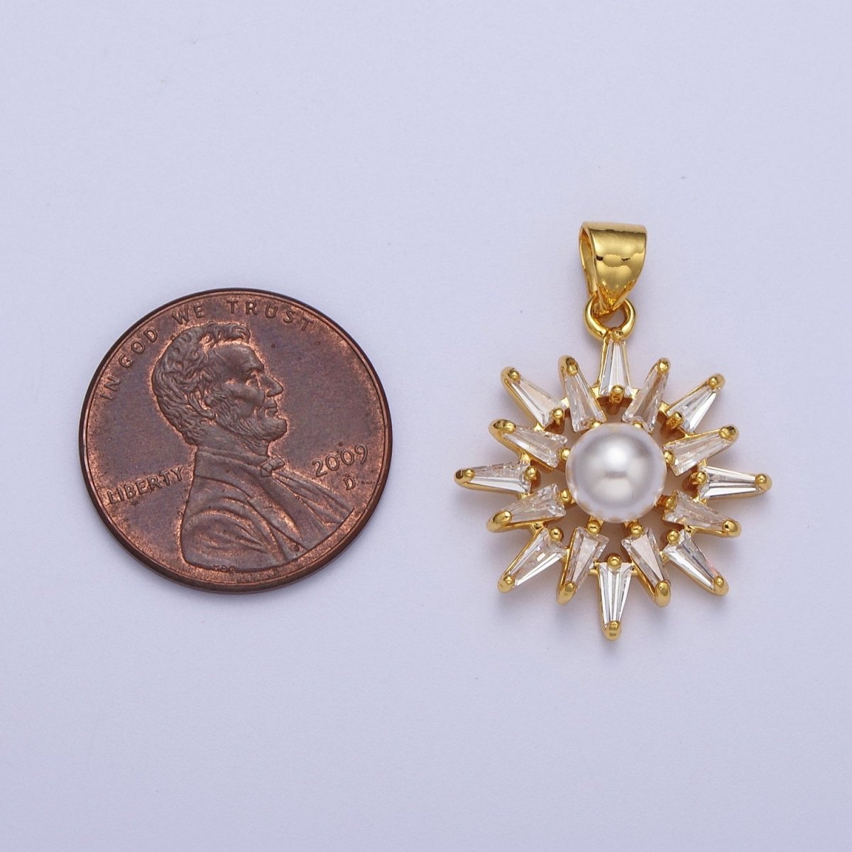 Gold Sun Pendant With Clear Marquise Stone and Pearl Charm for Necklace Pendant X-686 - DLUXCA