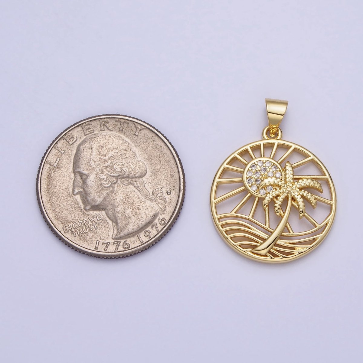 Gold Sunny Beam Beach Palm Tree Clear Micro Paved CZ Round Open Charm | AA162 - DLUXCA