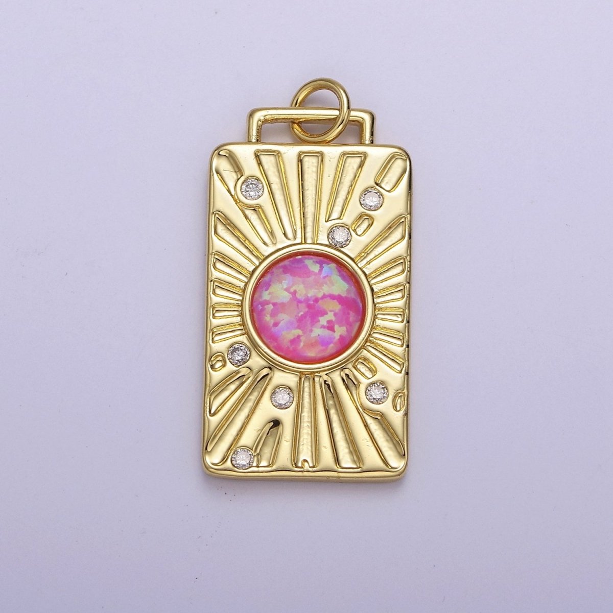 Gold Tag Opal Sunburst Charm Clear Pink Blue Opal Medallion Charm Pendant E-707 E-671 E-670 - DLUXCA