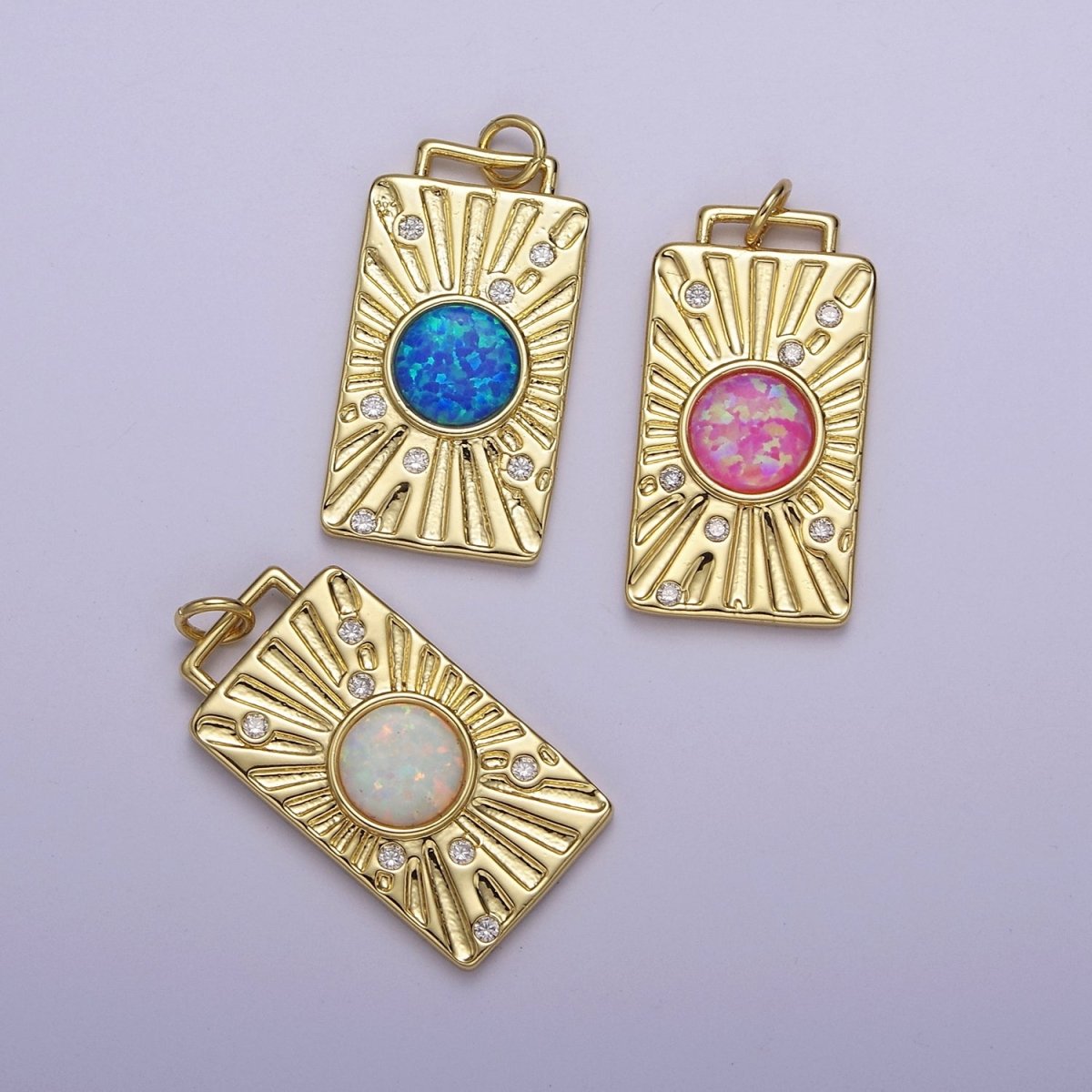 Gold Tag Opal Sunburst Charm Clear Pink Blue Opal Medallion Charm Pendant E-707 E-671 E-670 - DLUXCA