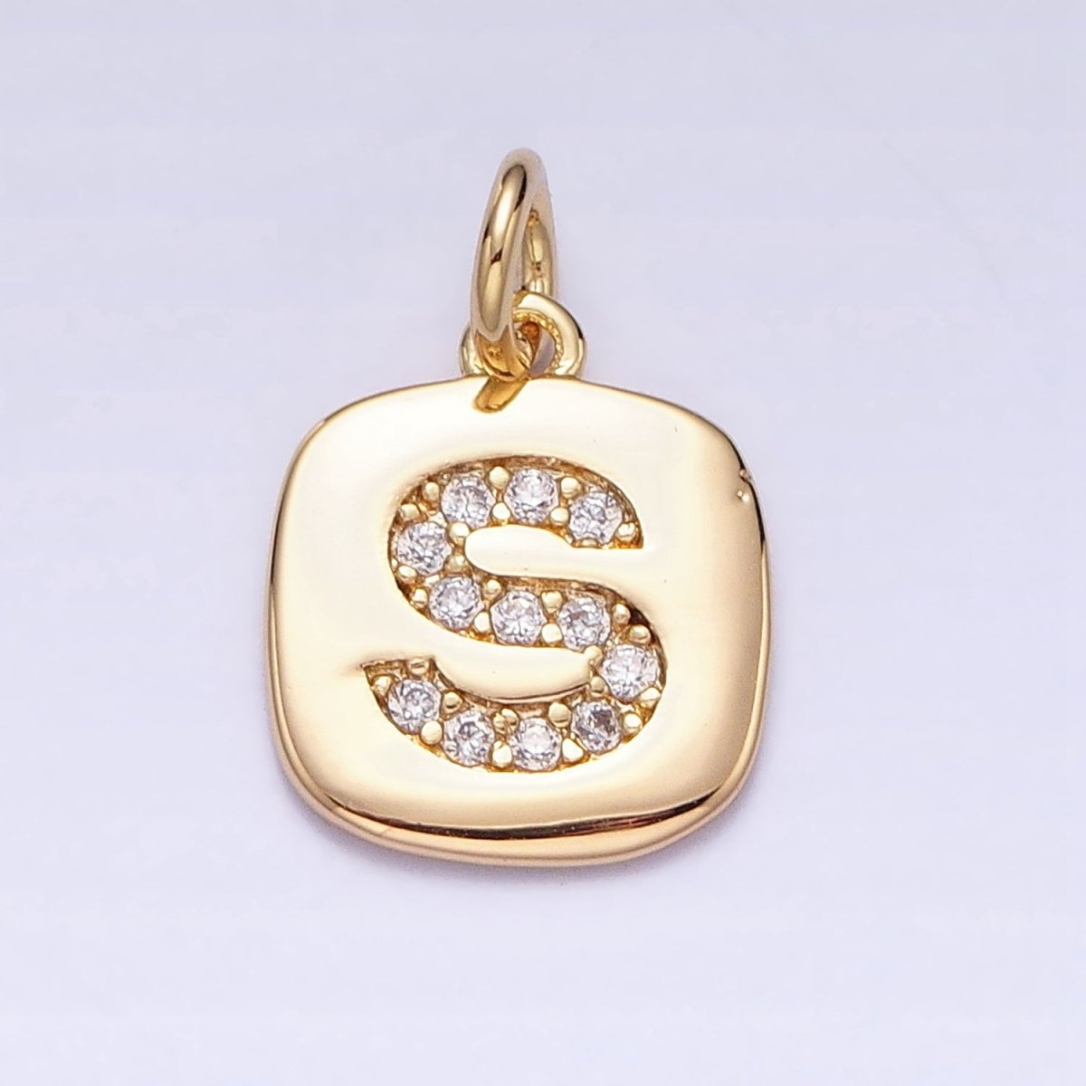 Gold Tag Square CZ Clear Micro Paved Initial Alphabet Dainty Personalized Name Tag Charm | AD123 - AD148 - DLUXCA