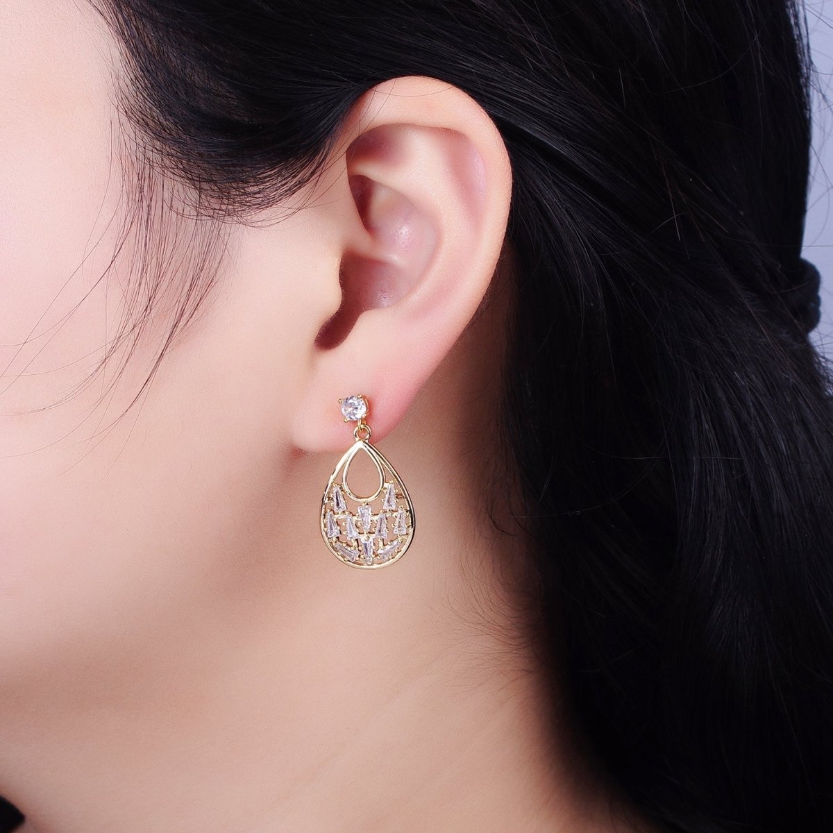 Gold Tear drop Dangle Stud Earring Clear Cz Micro Pave Baguette Stone Statement Earring AB669 - DLUXCA