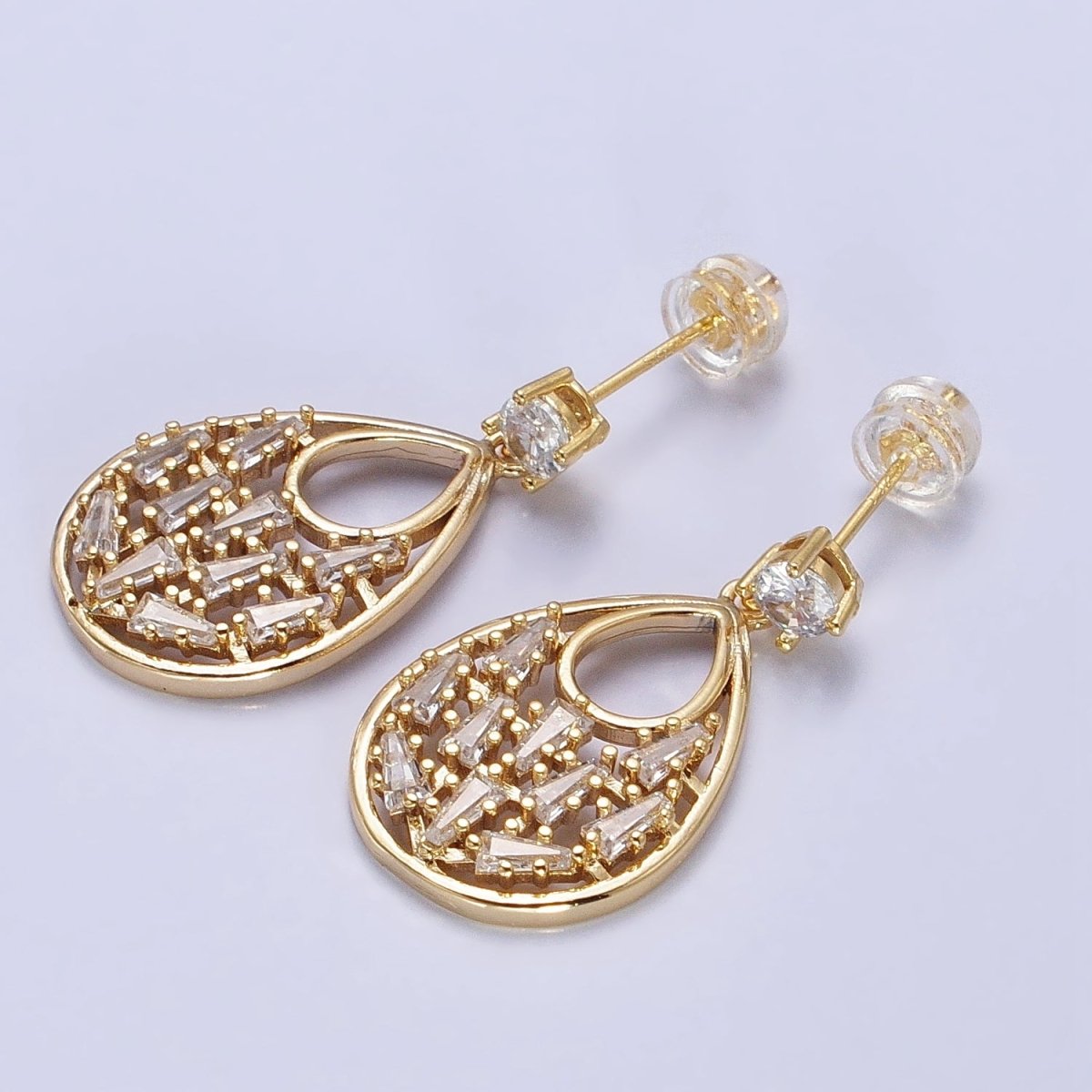 Gold Tear drop Dangle Stud Earring Clear Cz Micro Pave Baguette Stone Statement Earring AB669 - DLUXCA