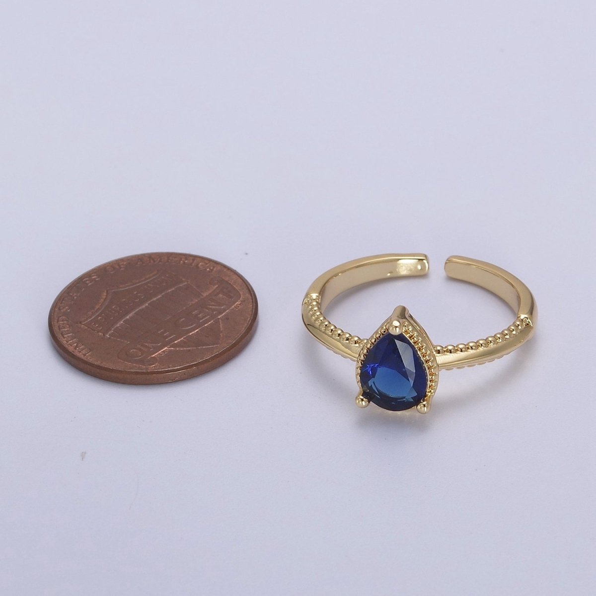 Gold Tear Drop Ring- CZ Pear Cut Ring Eye Tear Cubic Zirconia Open Adjustable Ring S-442 ~ S-447 - DLUXCA