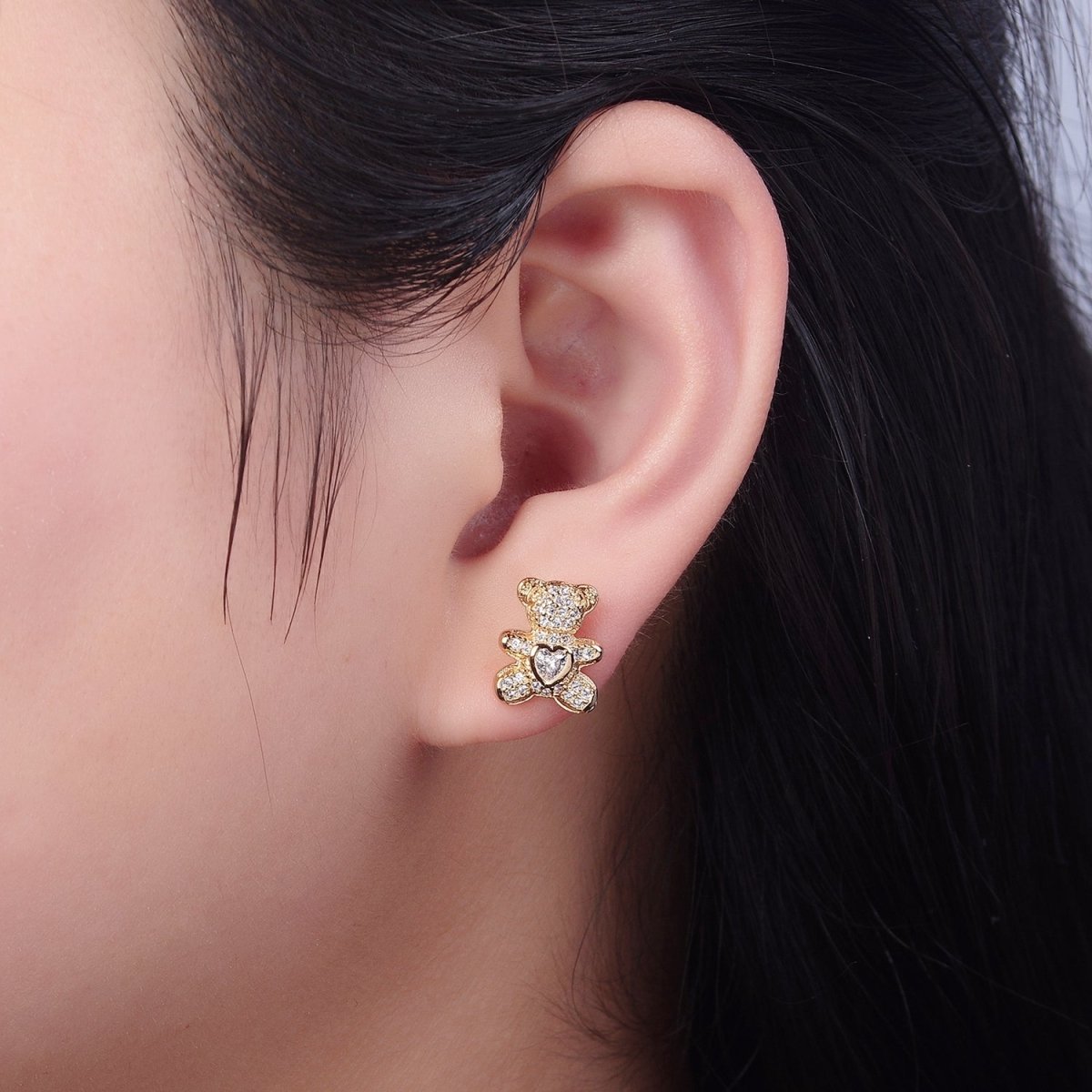 Gold Teddy Bear Stud Earring CZ Woman Kids Girl Earring Gold Stud V-118 - DLUXCA