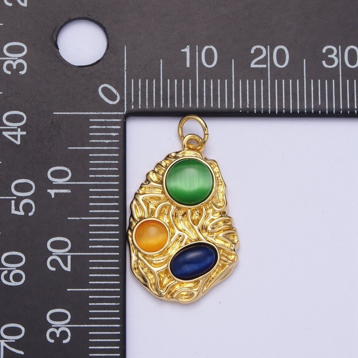 Gold Textured Green Yellow & Blue Cabochon Cat's Eye Gemstones Abstract Charm | A-318 - DLUXCA