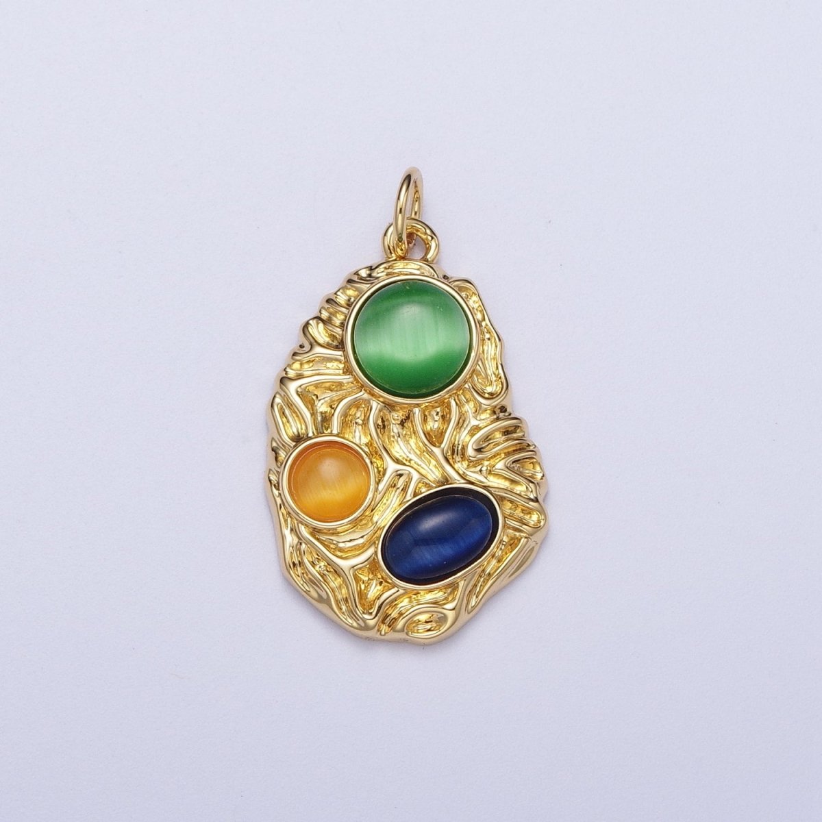 Gold Textured Green Yellow & Blue Cabochon Cat's Eye Gemstones Abstract Charm | A-318 - DLUXCA