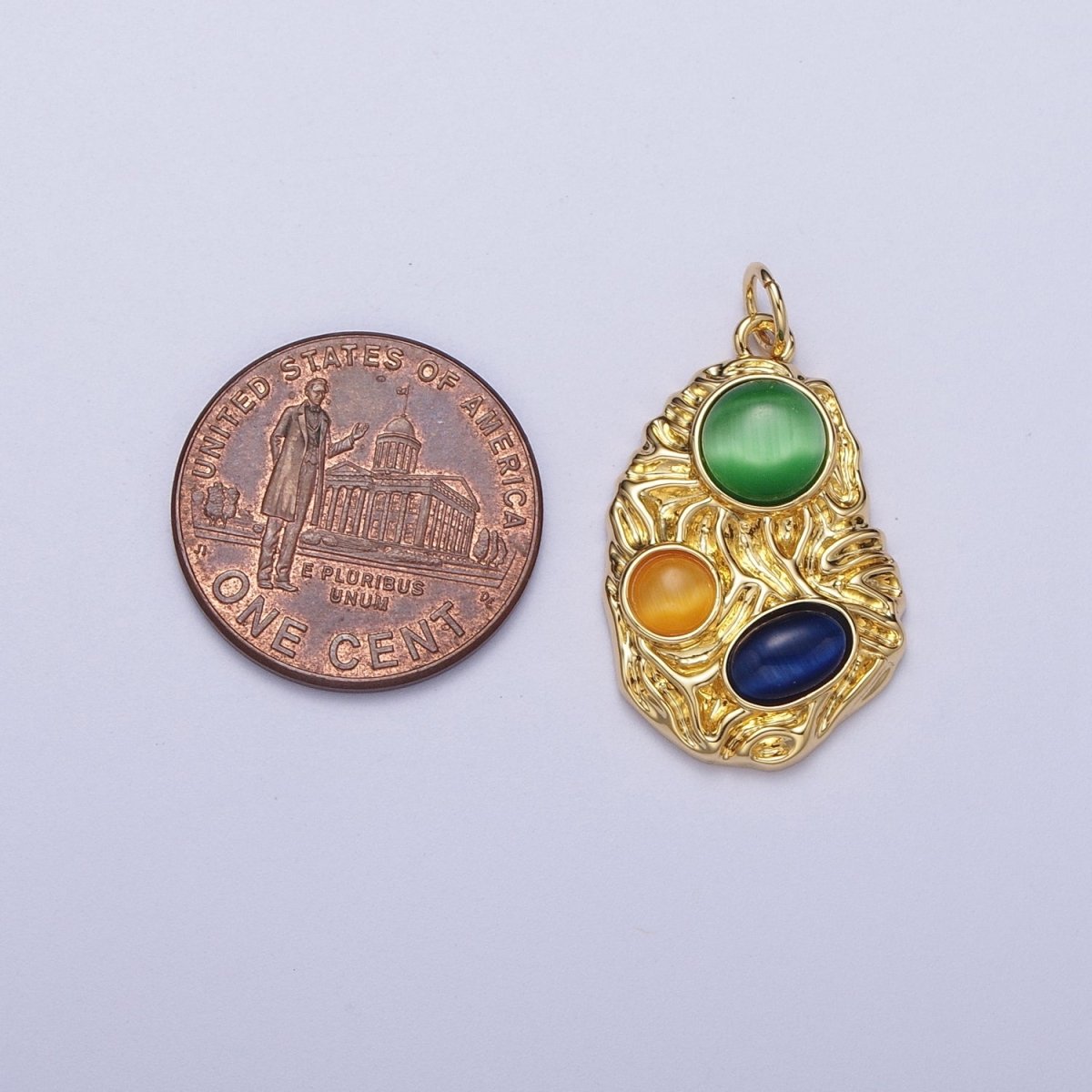 Gold Textured Green Yellow & Blue Cabochon Cat's Eye Gemstones Abstract Charm | A-318 - DLUXCA