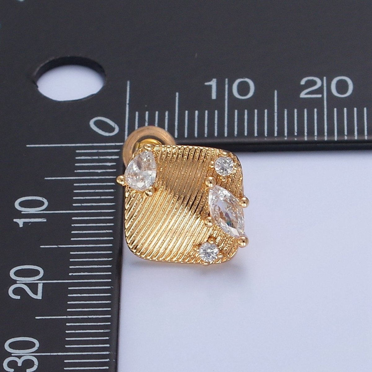 Gold Textured Rhombus Marquise Teardrop Round Cubic Zirconia Stud Drop Earrings Supply L-770 - DLUXCA