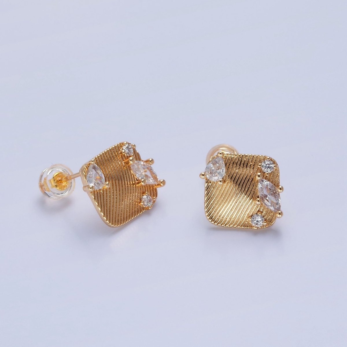 Gold Textured Rhombus Marquise Teardrop Round Cubic Zirconia Stud Drop Earrings Supply L-770 - DLUXCA