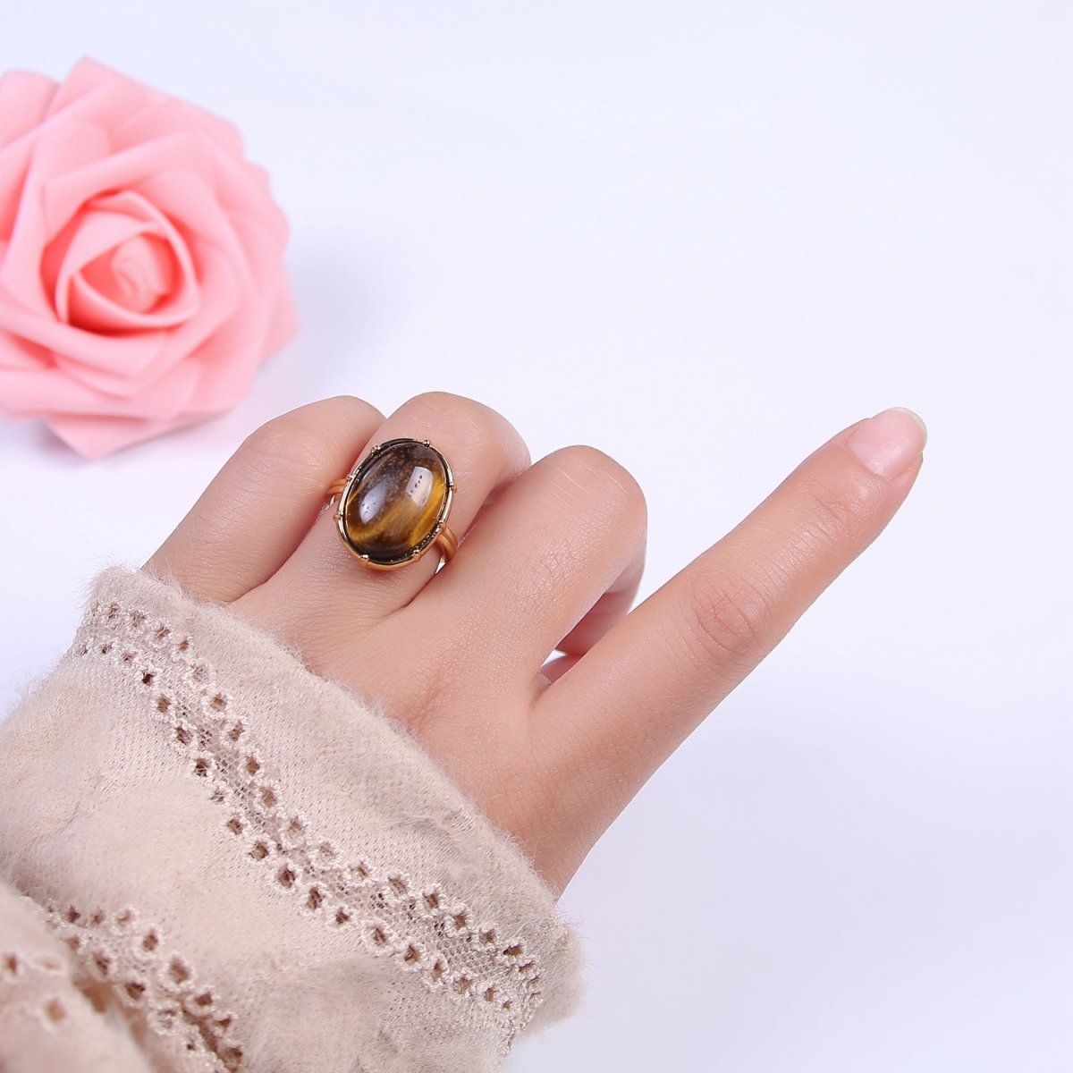 Gold Tiger Eye Rings | Oval Gemstone Signet Ring | Gold Gem Stone Rings | Chunky Gold Statement Ring U-371 - DLUXCA