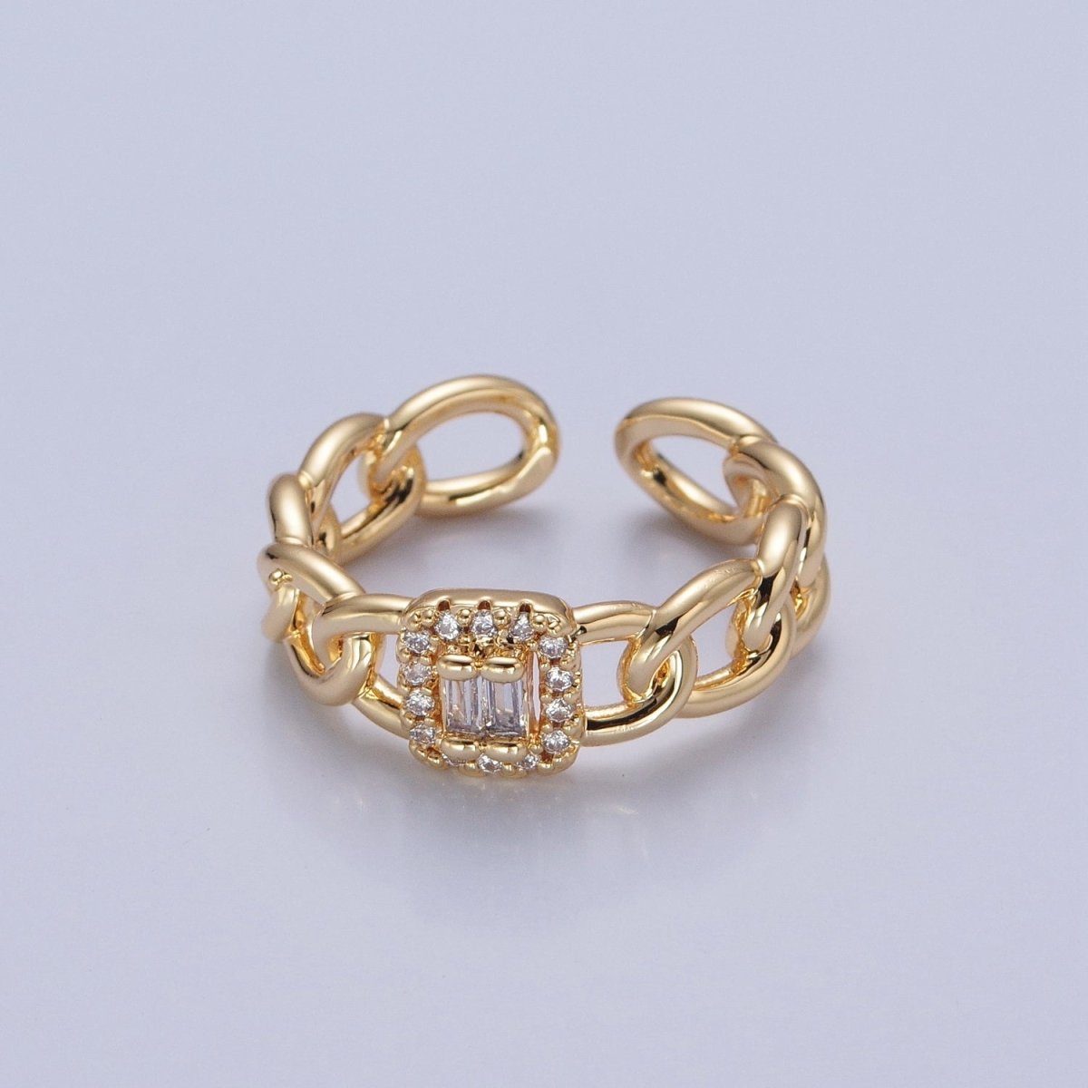 Gold Tiny Baguette Square Ring with Curb Chain Link Band O-2283 - DLUXCA