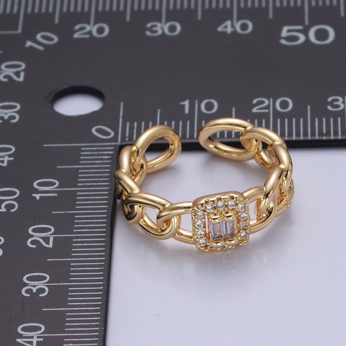 Gold Tiny Baguette Square Ring with Curb Chain Link Band O-2283 - DLUXCA