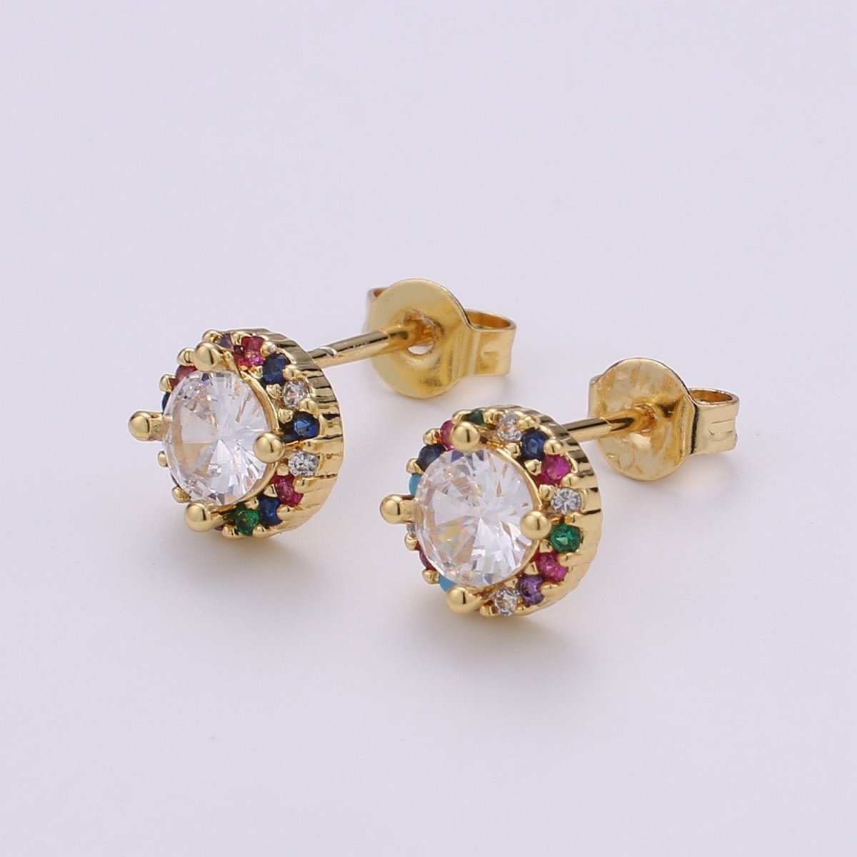 Gold Tiny Stud Earrings - Rainbow Micro Pave Studs - Dainty CZ Studs -5mm Round Crystal Small Stud Earrings - DLUXCA