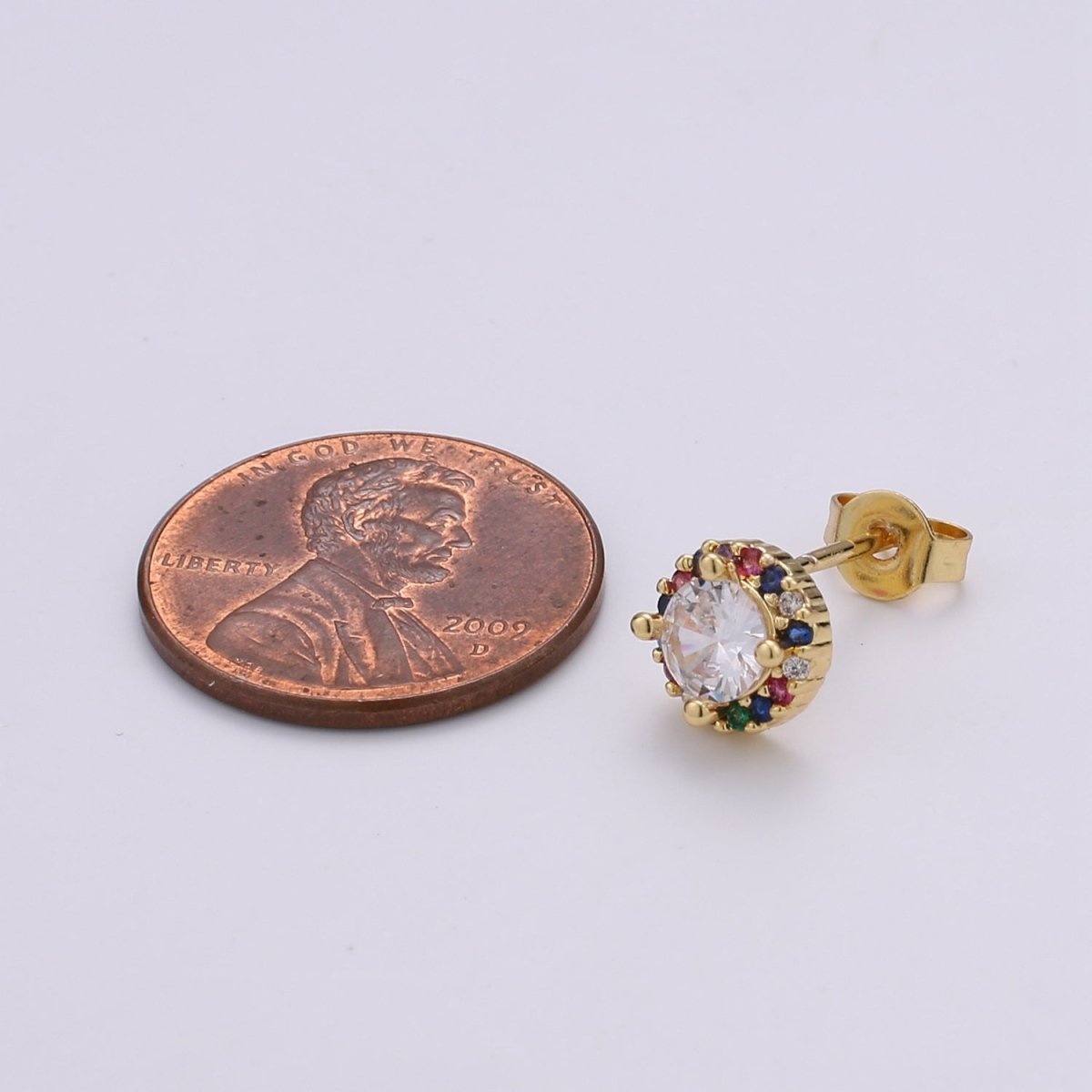 Gold Tiny Stud Earrings - Rainbow Micro Pave Studs - Dainty CZ Studs -5mm Round Crystal Small Stud Earrings Q-298 - DLUXCA