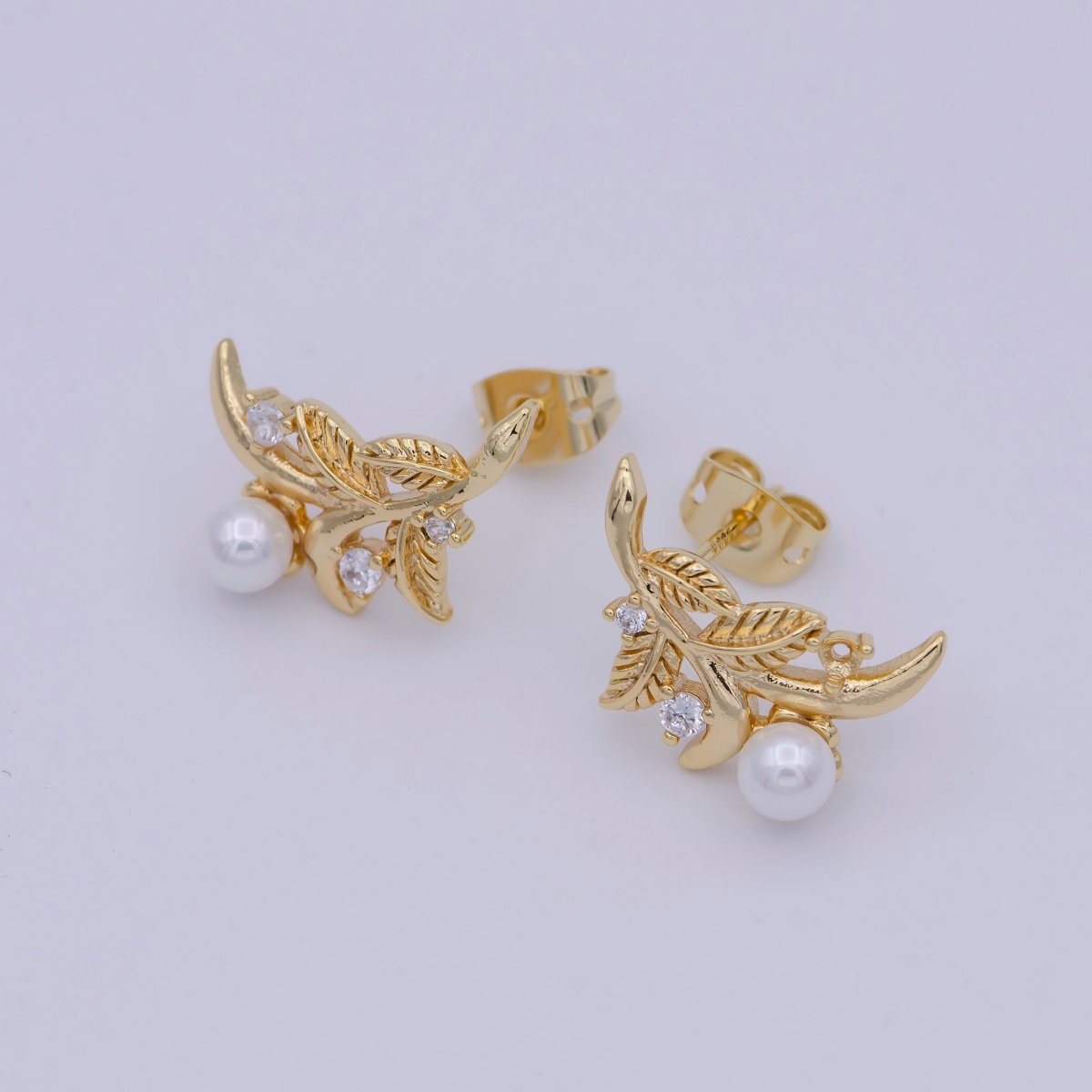 Gold Tree Branch Leaf Stud earrings • Pearl Earrings Jewelry T-357 - DLUXCA