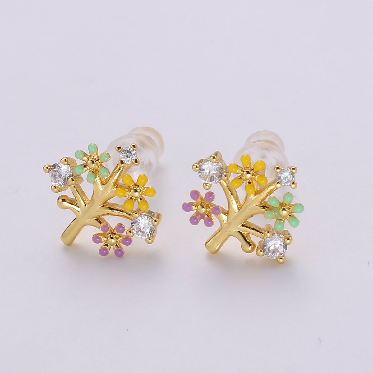 Gold Tree Stud Earrings • Cute Earrings • Spring Jewelry • Gold Micro Pave Flower Earrings • Stud Earrings • Valentine gift• Kawaii Earrings Q-368 - DLUXCA