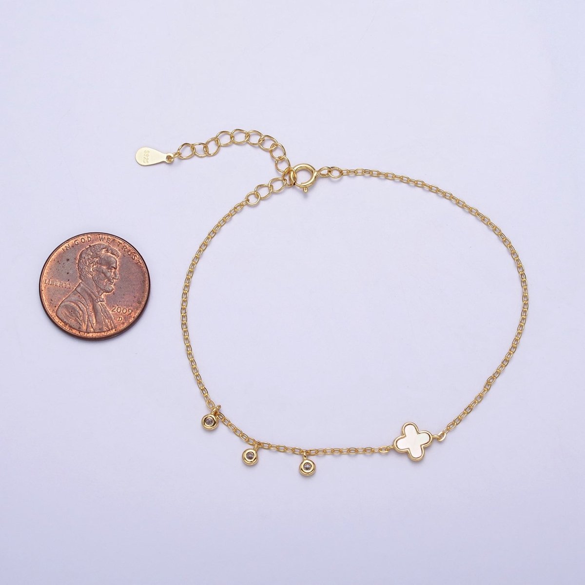 Gold Triple Clear Bezel CZ Shell Pearl Quatrefoil Clover 6.5 Inch Rolo Chain Bracelet with Extender | WA-1519 Clearance Pricing - DLUXCA