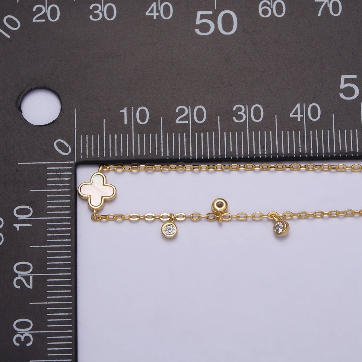 Gold Triple Clear Bezel CZ Shell Pearl Quatrefoil Clover 6.5 Inch Rolo Chain Bracelet with Extender | WA-1519 Clearance Pricing - DLUXCA