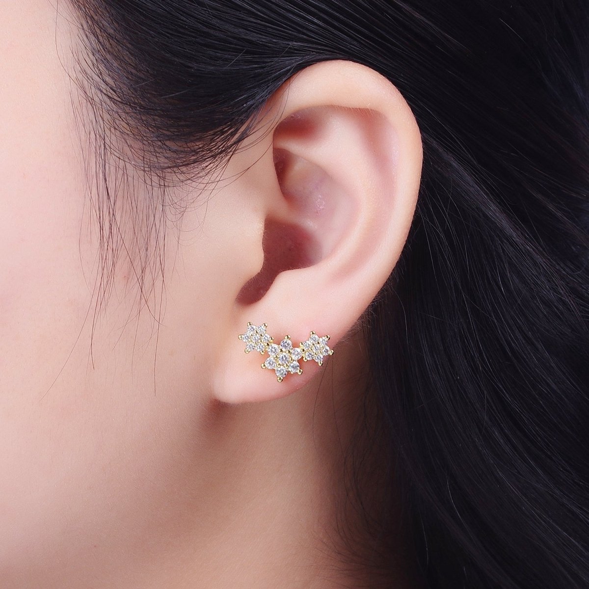 Gold Triple Clear Star Flower Stud Earring Cubic Zirconia Floral Stud Earrings Jewelry | P-275 - DLUXCA