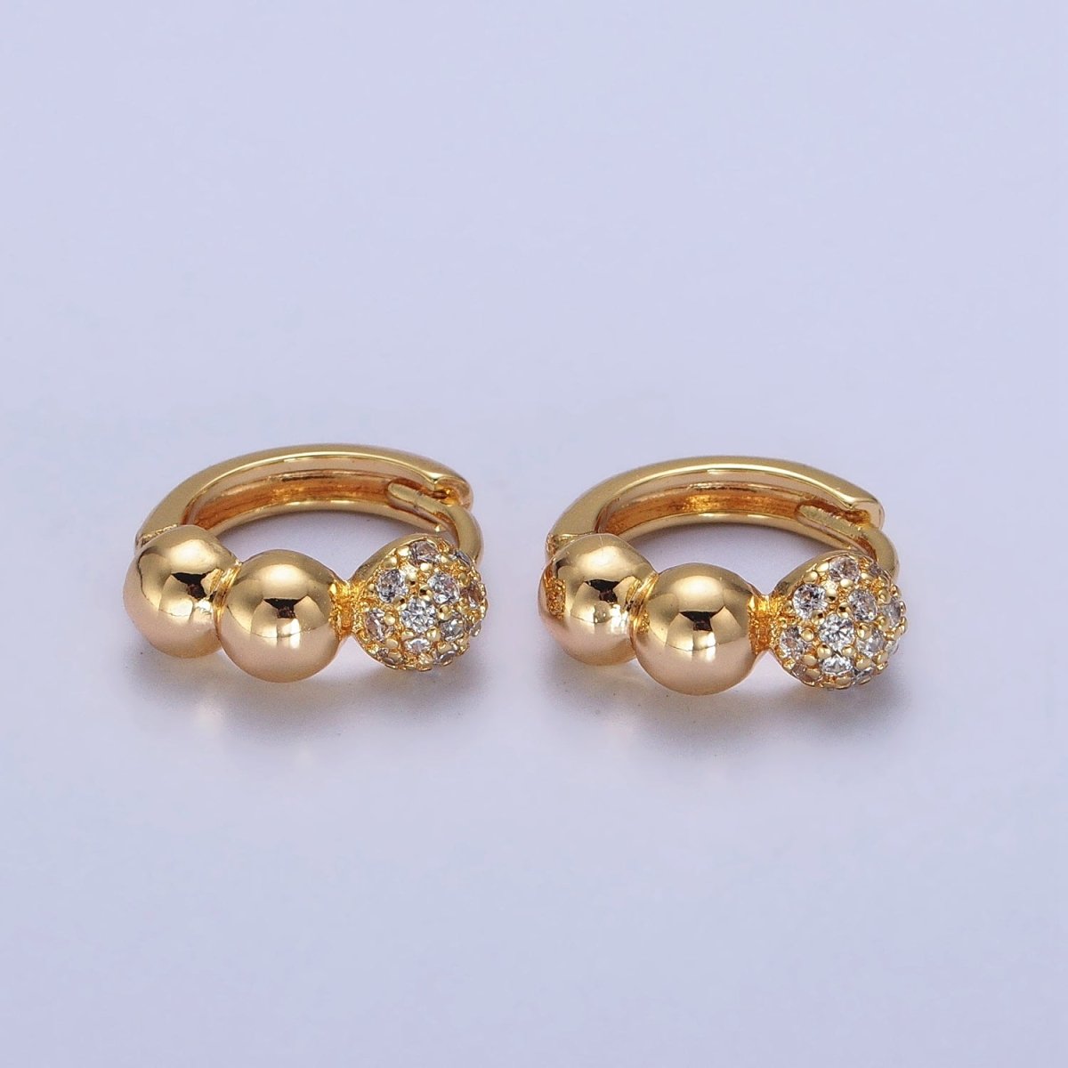 Gold Triple Rounded Beaded Bubble Ball Micro Paved CZ 14mm Huggie Earrings | AB050 - DLUXCA