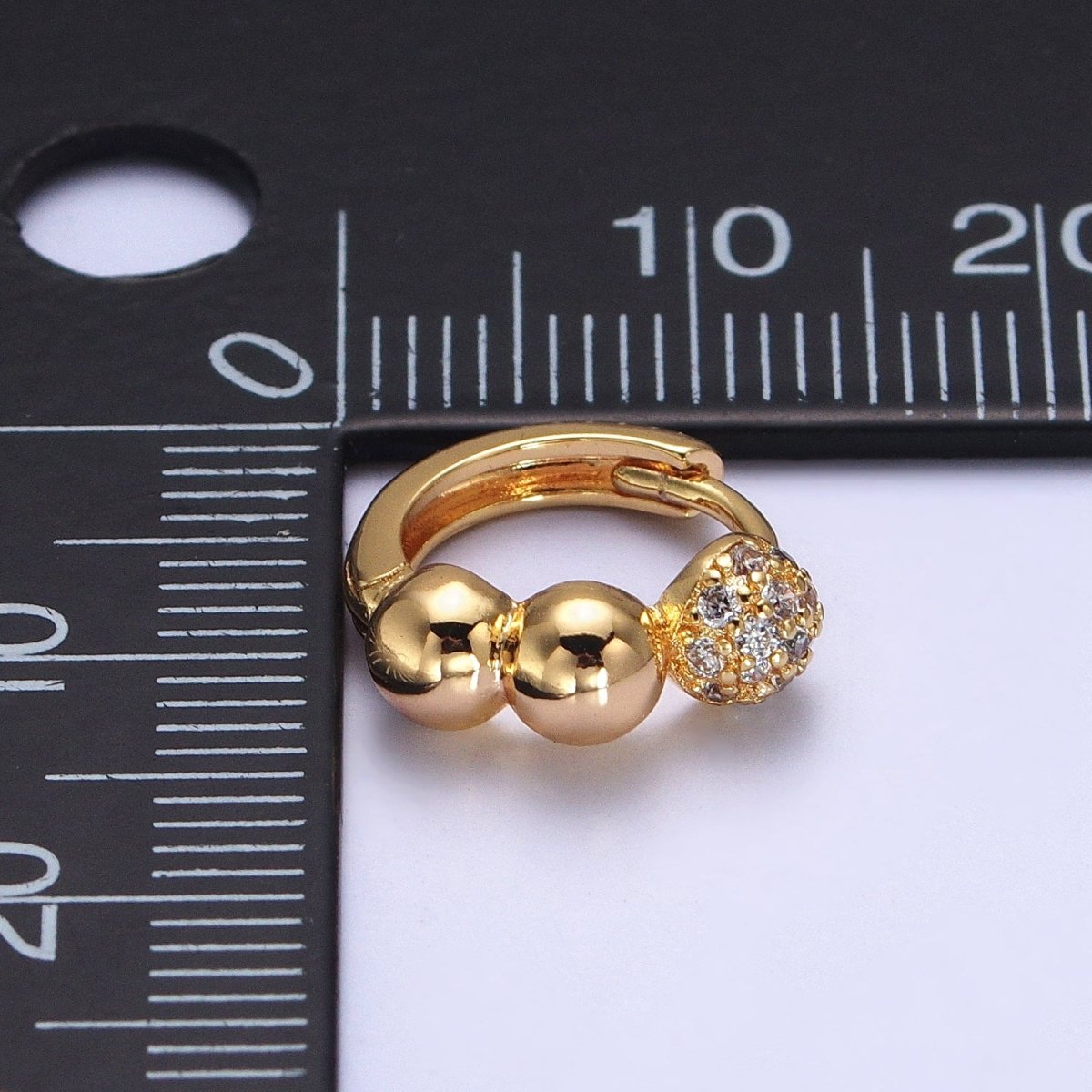 Gold Triple Rounded Beaded Bubble Ball Micro Paved CZ 14mm Huggie Earrings | AB050 - DLUXCA