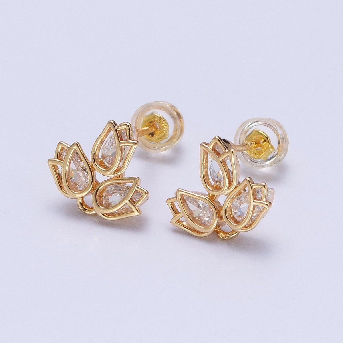 Gold Triple Tulip Nature Flower Clear CZ Stud Earrings | AB520 - DLUXCA