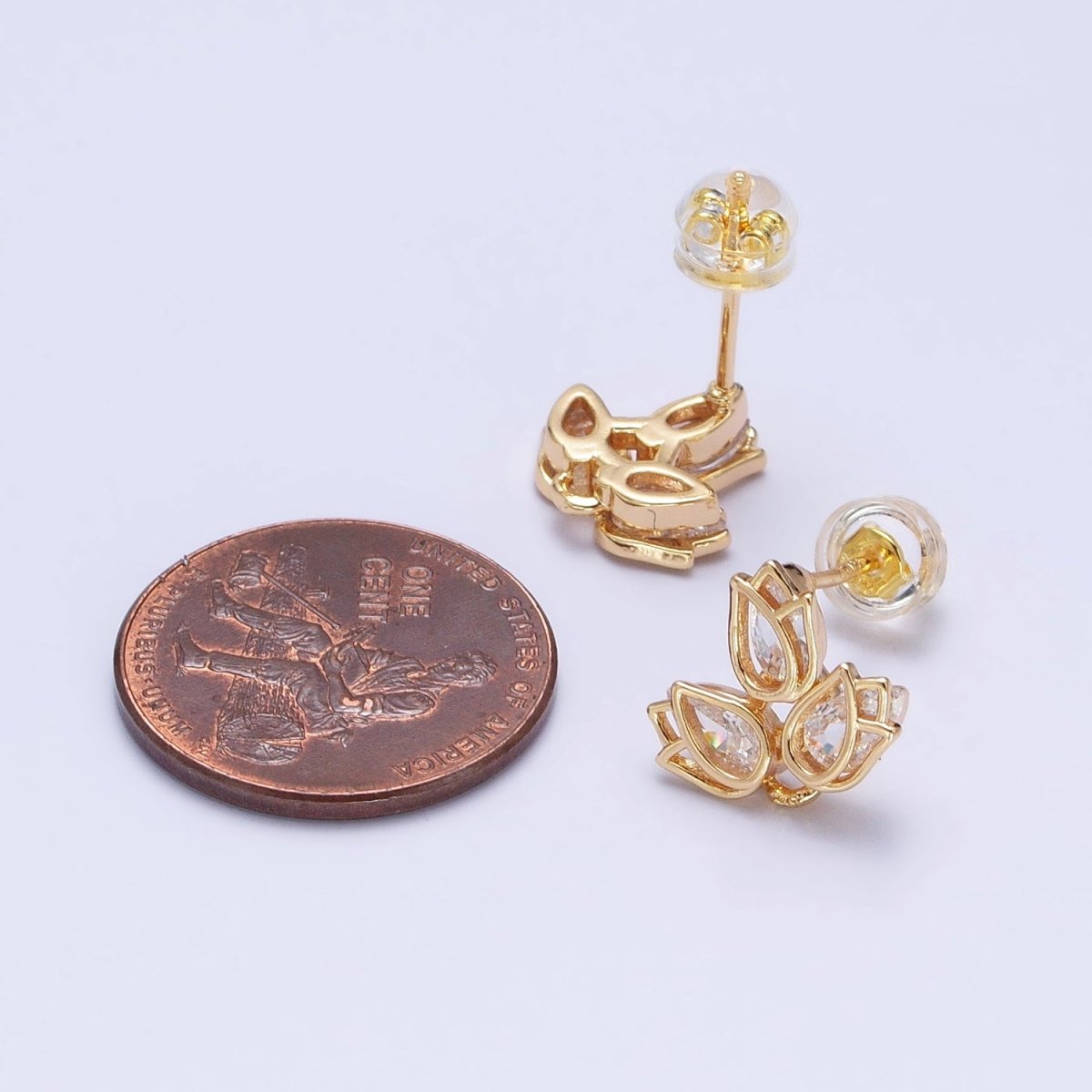 Gold Triple Tulip Nature Flower Clear CZ Stud Earrings | AB520 - DLUXCA