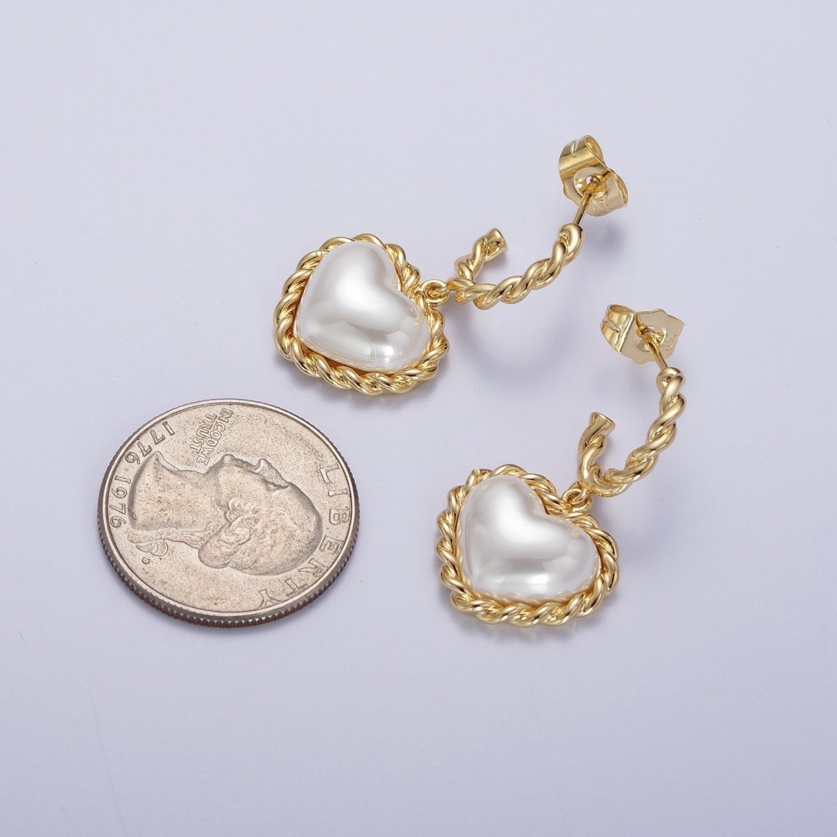 Gold Twist Rope C Shaped Hoop White Shell Heart Pearl Dangle Drop Stud Earrings | Y-061 - DLUXCA